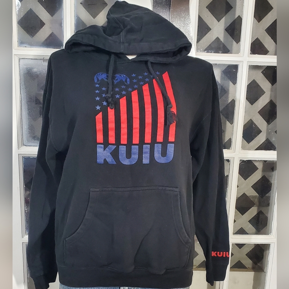 KUIU Black Hoodie with Red and Blue Flag Design